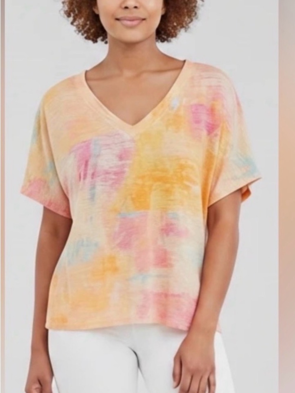 Chico's Pastel Abstract tie dye V-Neck short sleeve Top/  Large - linen